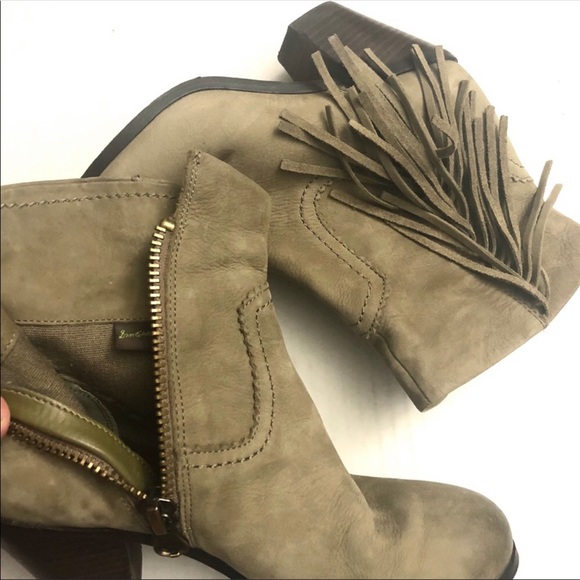 Sam Edelman Louie fringe booties size 7 stacked angled heel Dark Beige/Tan - Picture 3 of 8